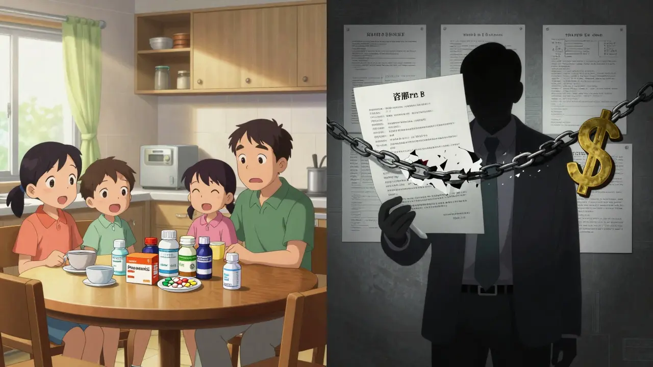Family happy with affordable meds on one side, executive hiding behind patent documents on the other, anime style.
