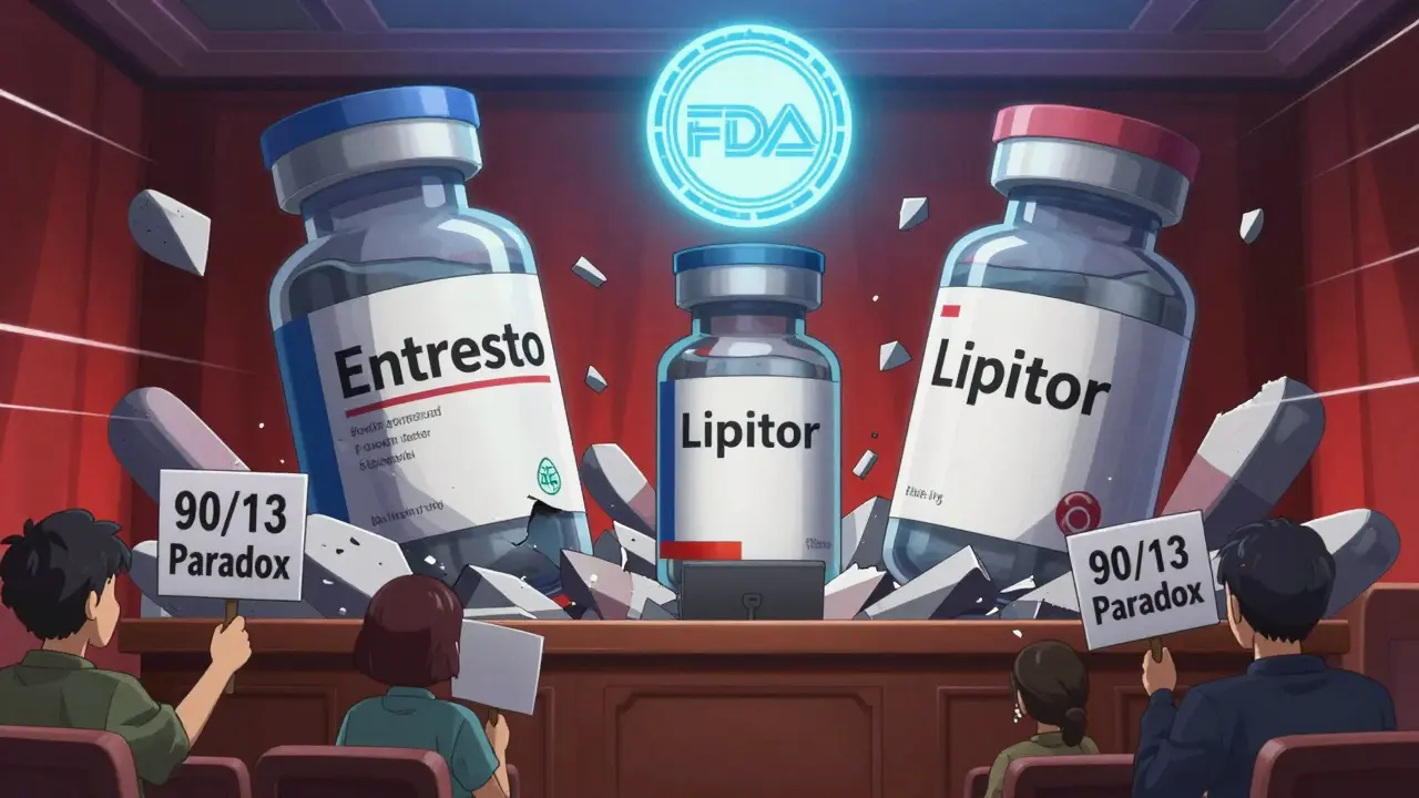 Giant generic drugs crushing brand-name drug monoliths in courtroom, FDA seal glowing above, anime style.
