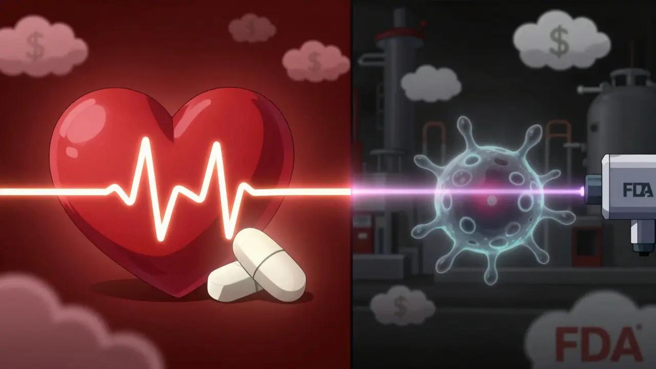 Heart beating steadily beside a generic statin pill, with a harmful impurity being erased by an inspection beam.