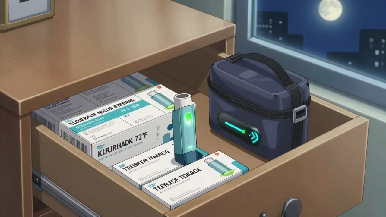 Inhalers safely stored in their boxes beside a glowing insulated case with a temperature sensor.