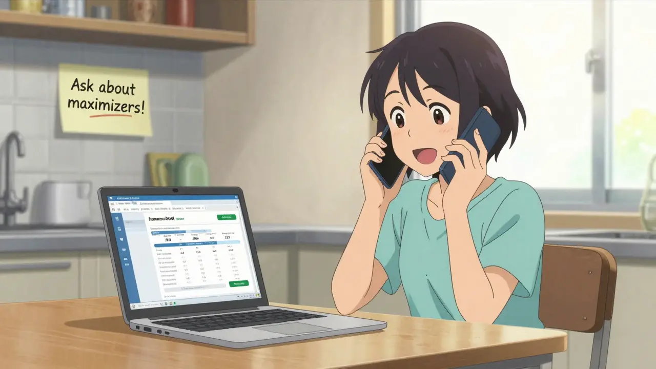 Patient at kitchen table comparing drug prices on laptop and phone, sunlight illuminating notes.