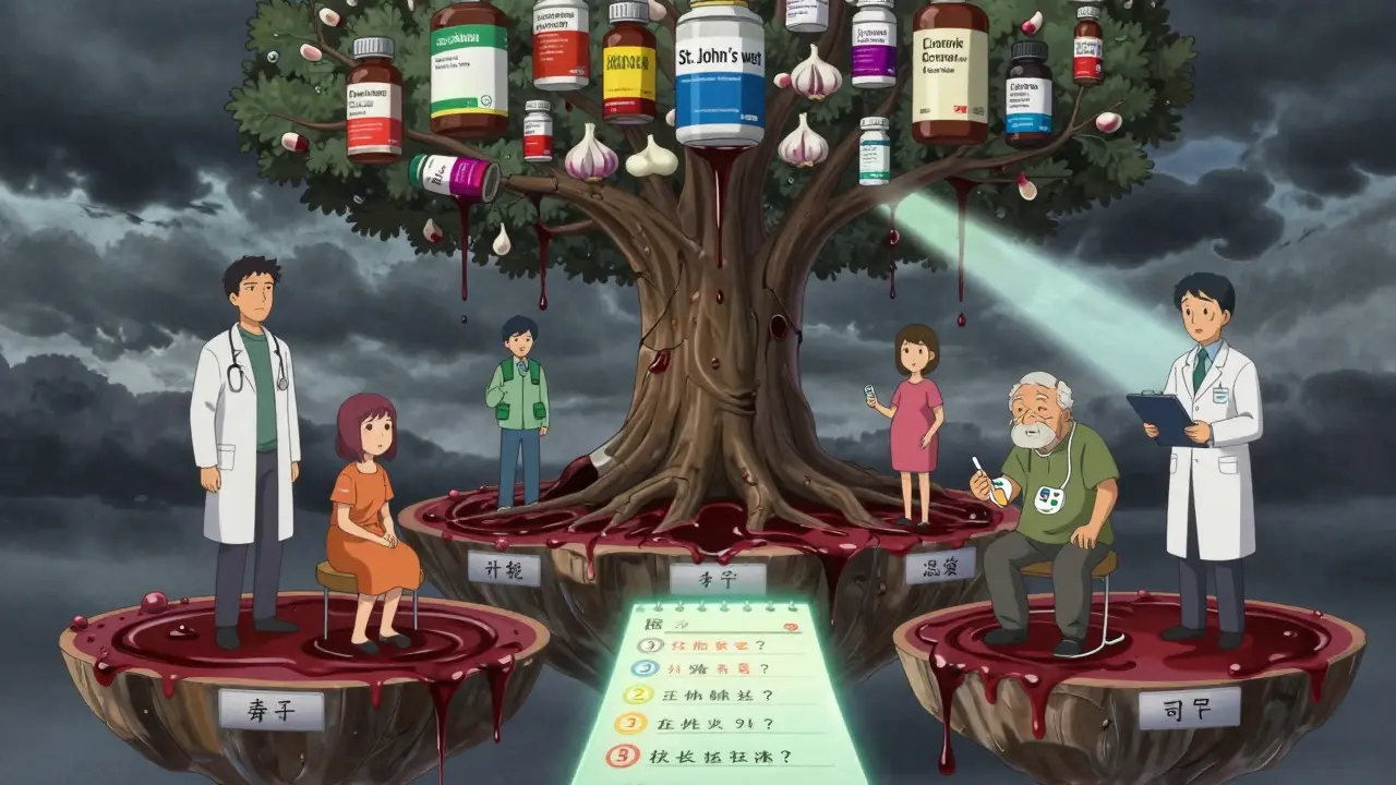 People on floating platforms are connected to a cracked tree of supplements dripping danger into their bodies.