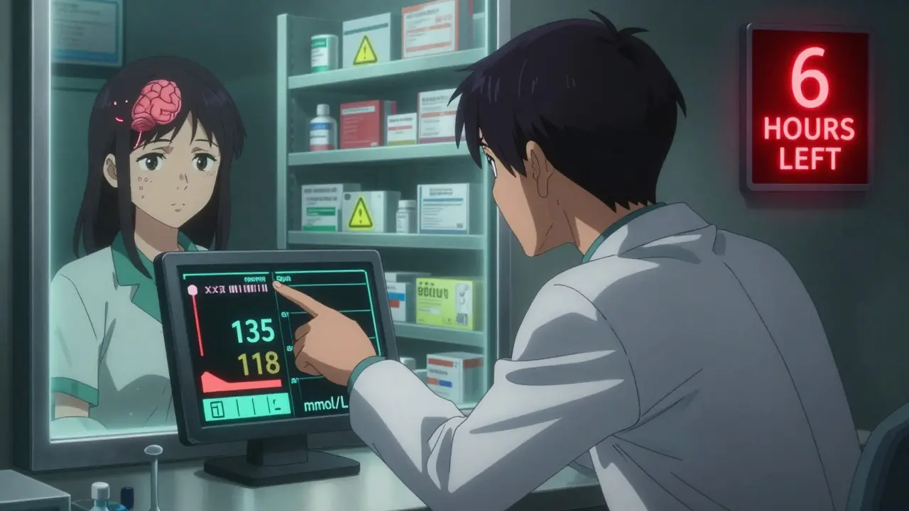 Pharmacist alerts patient to dangerous sodium drop on digital screen, medications glowing with warning symbols.