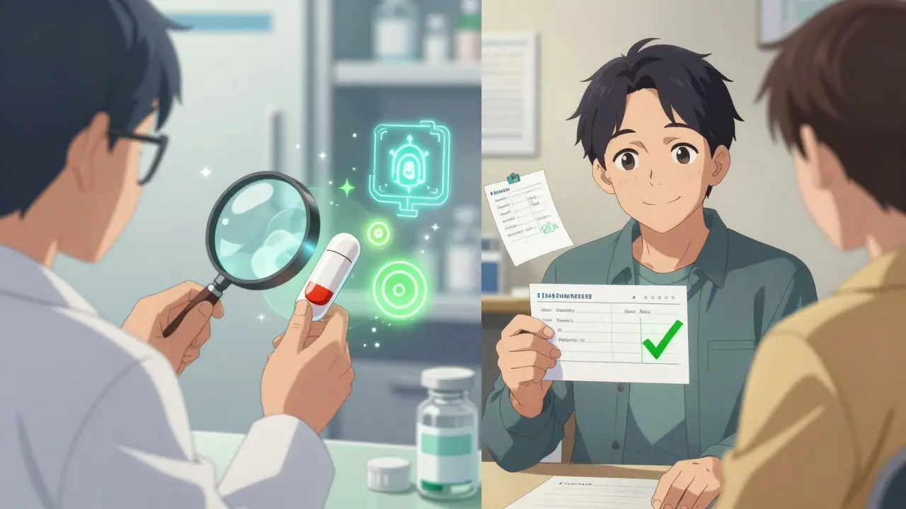 Pharmacist examining pill ingredients while AI scans notes, contrasting caution with safe resolution.