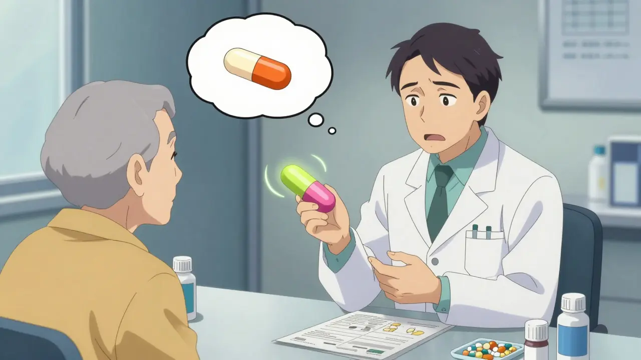 Pharmacist explaining a new generic pill to an older patient, pill changing shape and color.