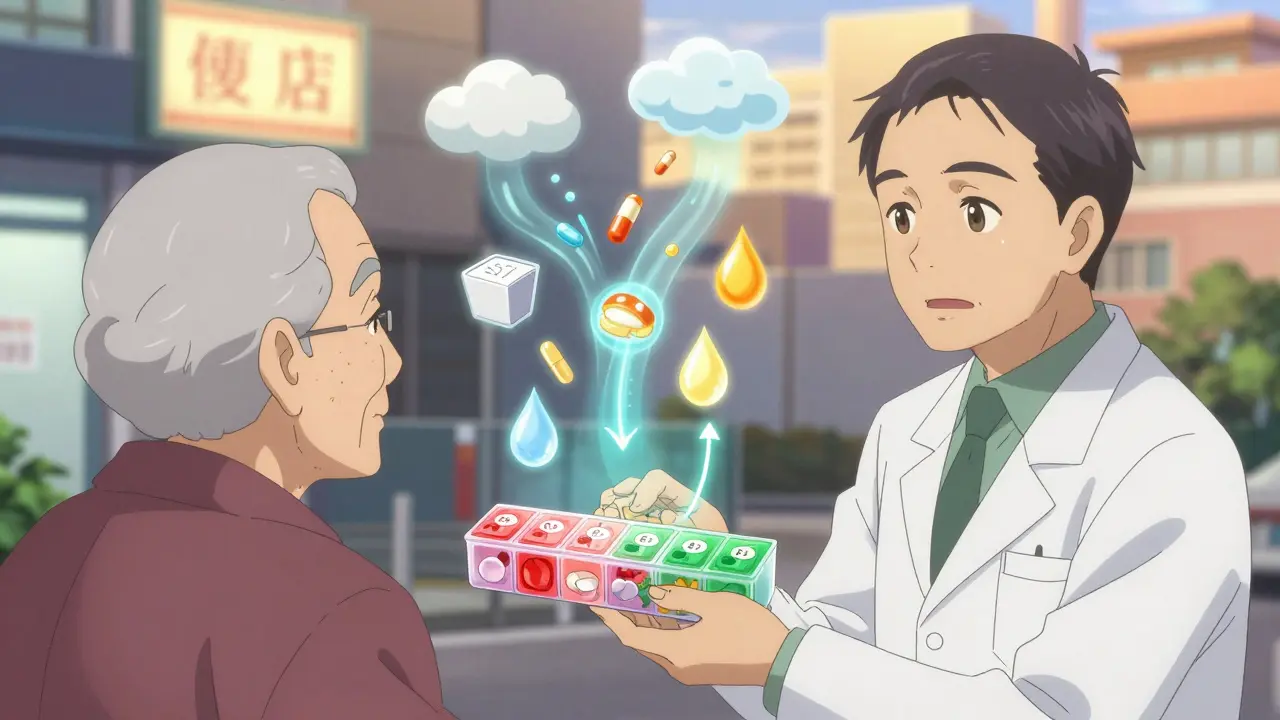 Pharmacist giving color-coded pill organizer with glowing arrows showing correct food timing for meds.