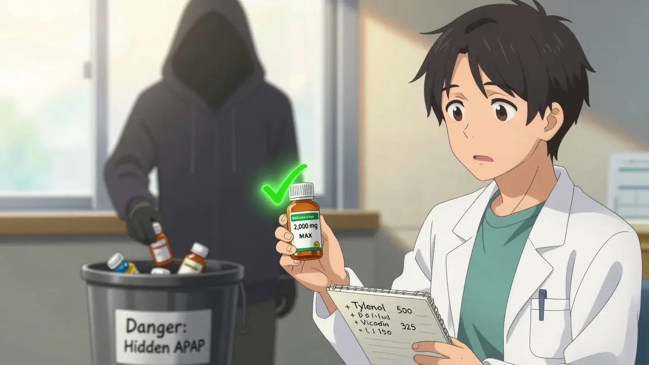 Pharmacist giving safe dosage pill while shadowy figure discards dangerous meds