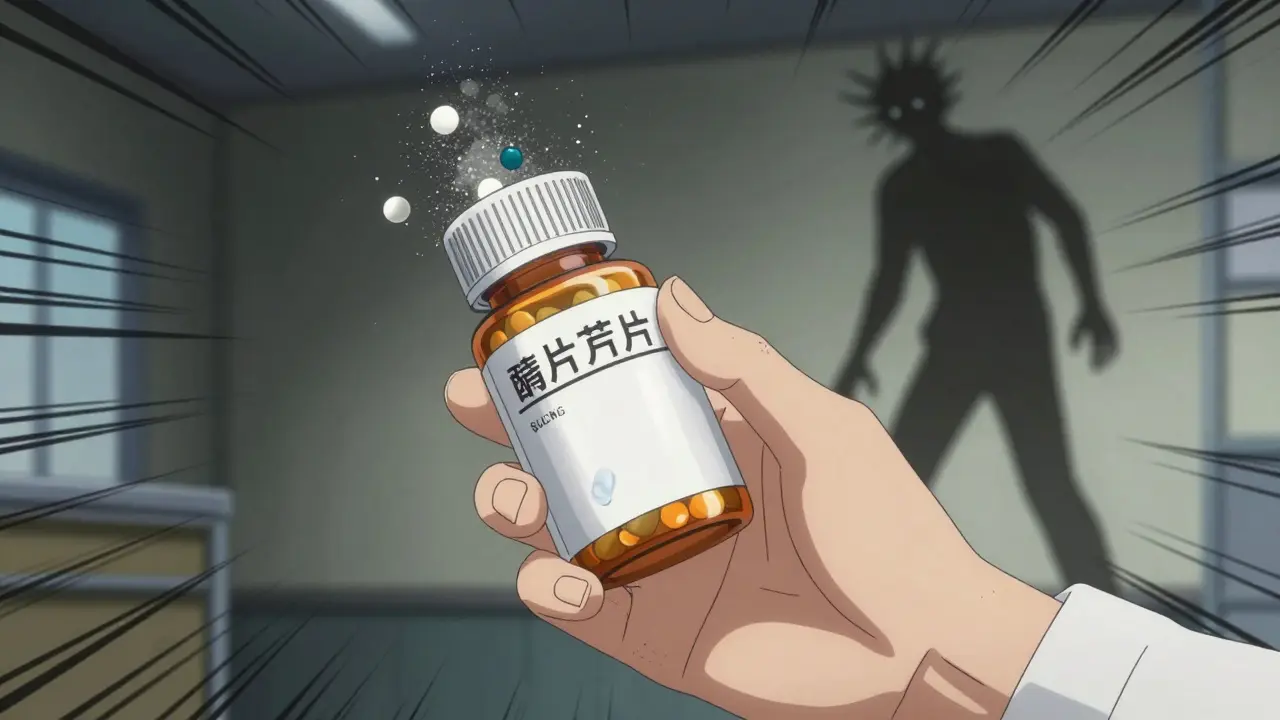 Pharmacist handing a new generic pill as invisible ingredients swirl menacingly around it.