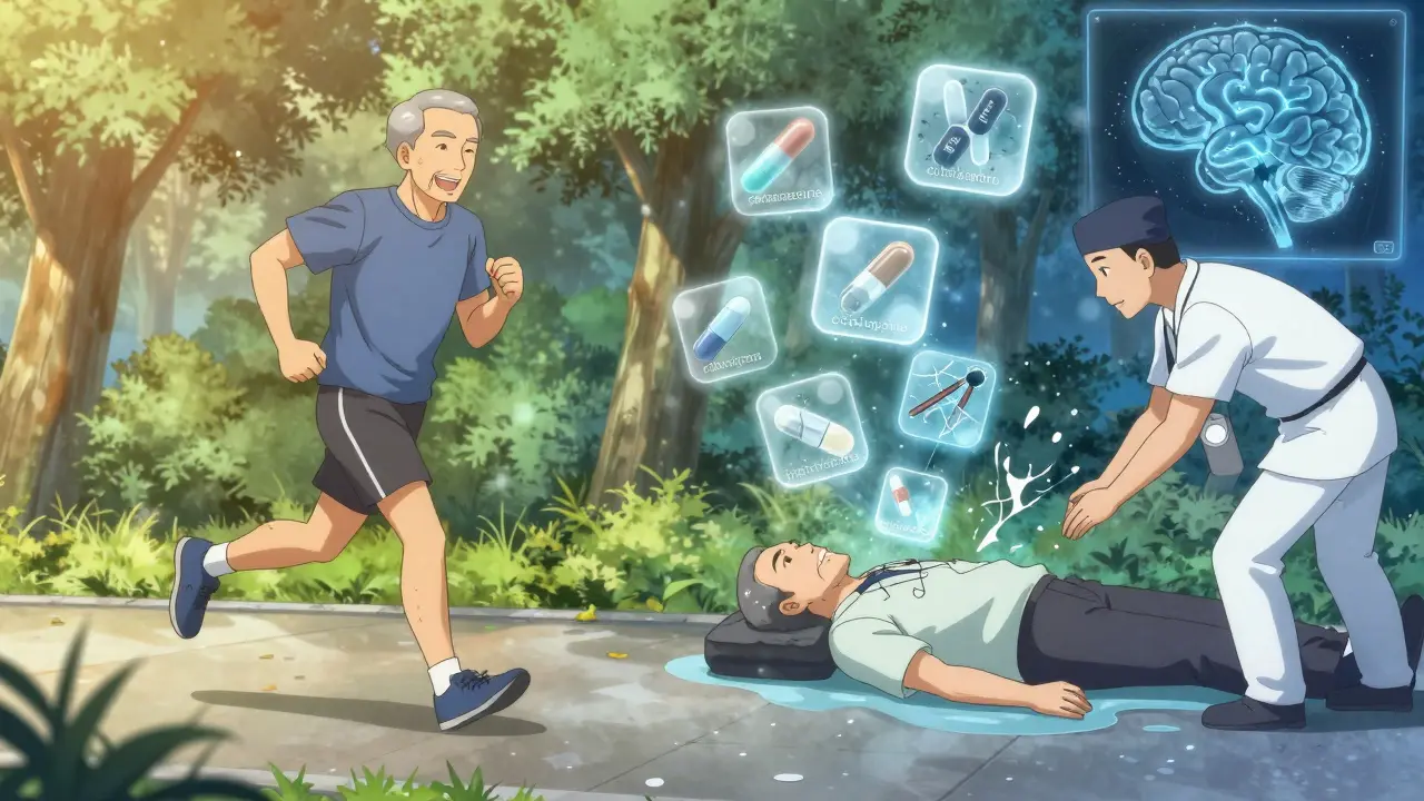 Split image: healthy man jogging vs. same man collapsed, brain X-ray shows fluid overload from medications.