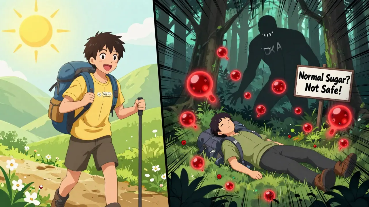 Split image: person hiking happily vs. collapsed with floating red ketone molecules, symbolizing hidden danger.