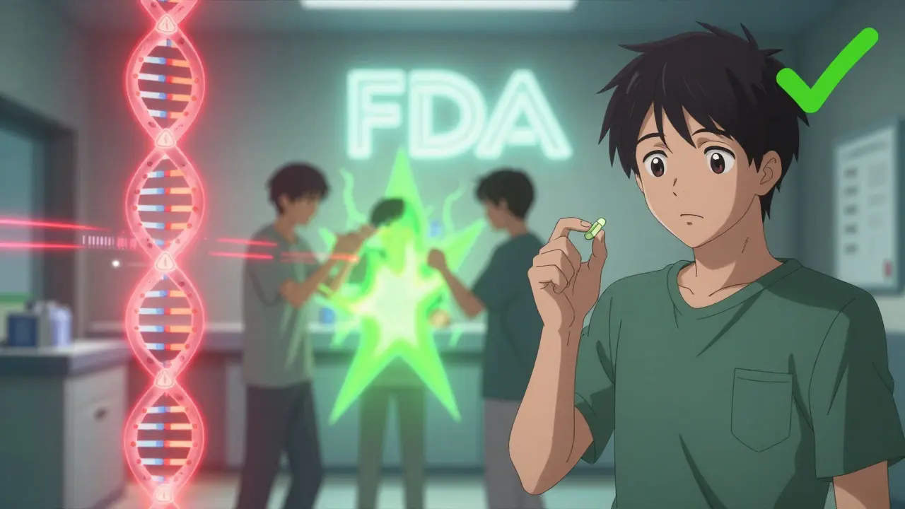 Split scene: DNA analysis on one side, patient safely using consistent generic on the other.