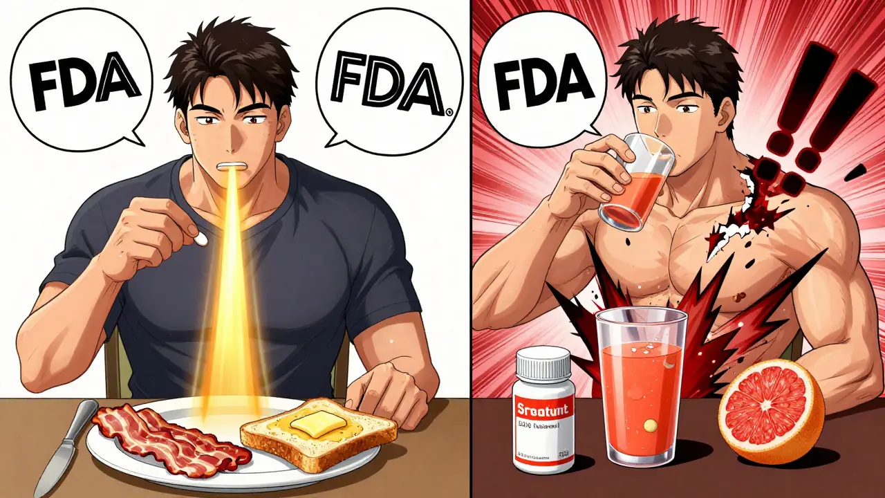 Split scene: man taking statin with food (golden rays) vs. grapefruit juice causing muscle damage sparks.