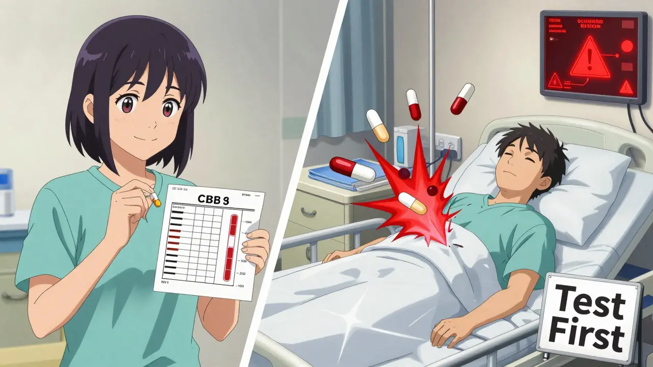 Split scene: patient healthy on left, collapsed in hospital on right, with clashing drug molecules showing danger without testing.