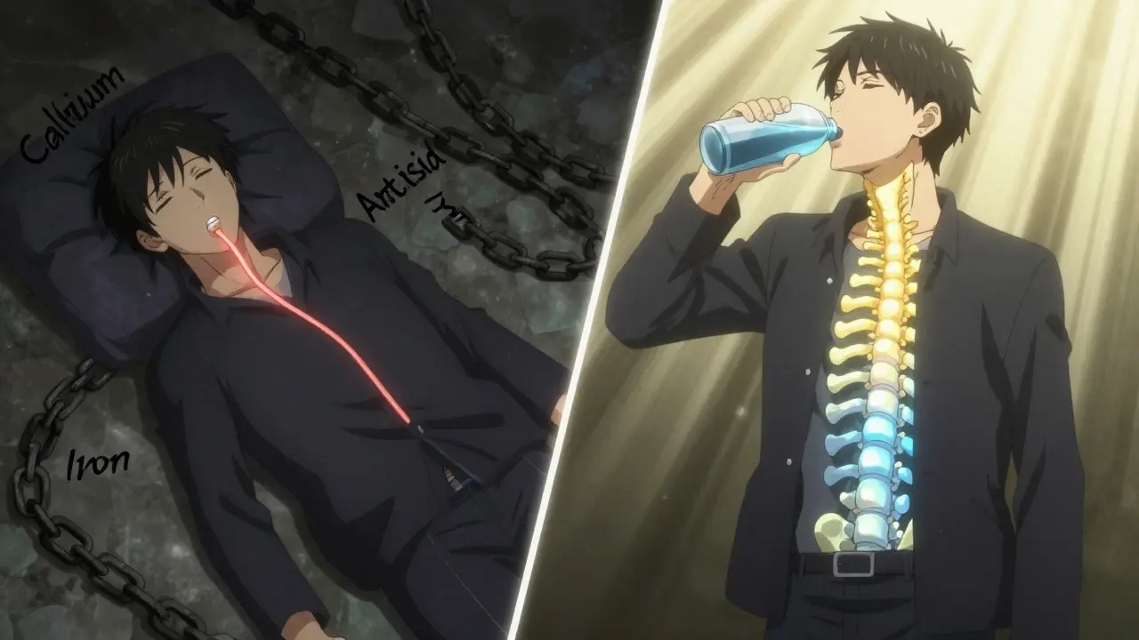 Split scene: person lying down with pills stuck in throat vs. standing tall with glowing bones absorbing medication.