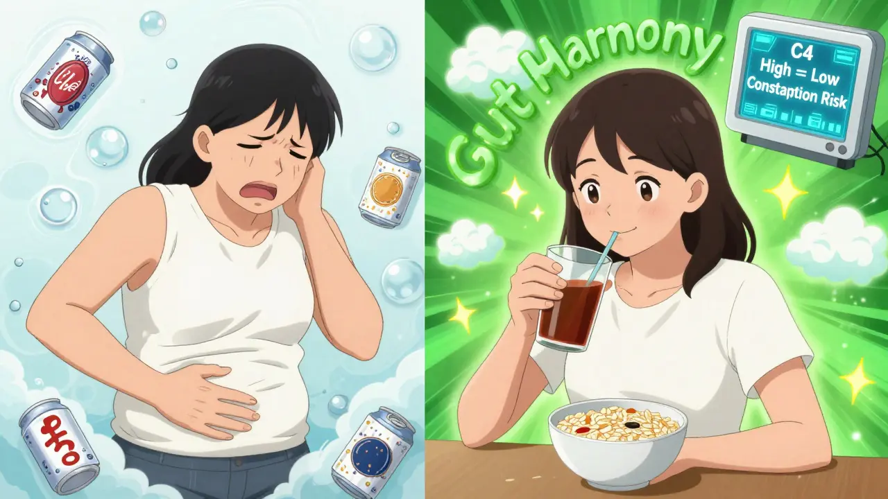 Split scene: person with bloating on left, relaxed and healthy on right, drinking prune juice and eating oats.