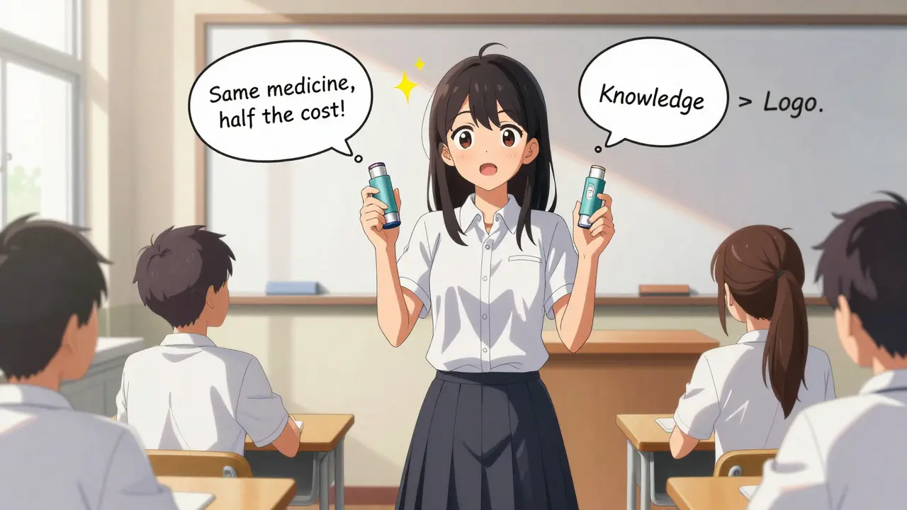 Teenage girl confidently explaining generic medicine to her class, holding two identical inhalers.