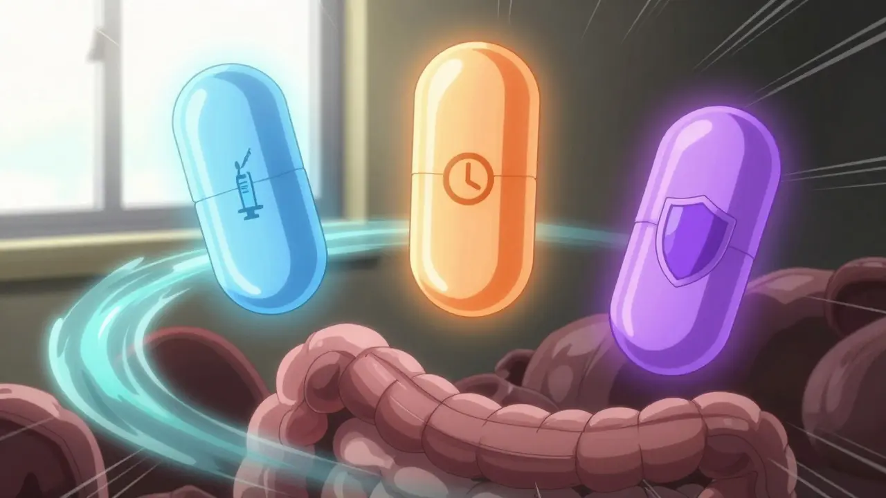 Three glowing PAMORA tablets floating above a restored intestinal tract, each with unique symbols representing different drugs and effects.