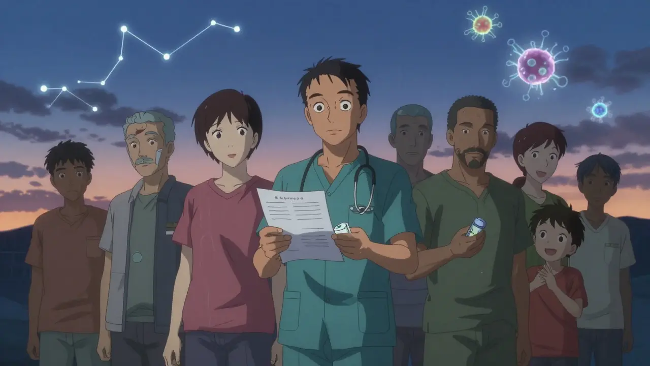 Transplant recipients under twilight sky, with immune cells swirling around them as symbols of hope.