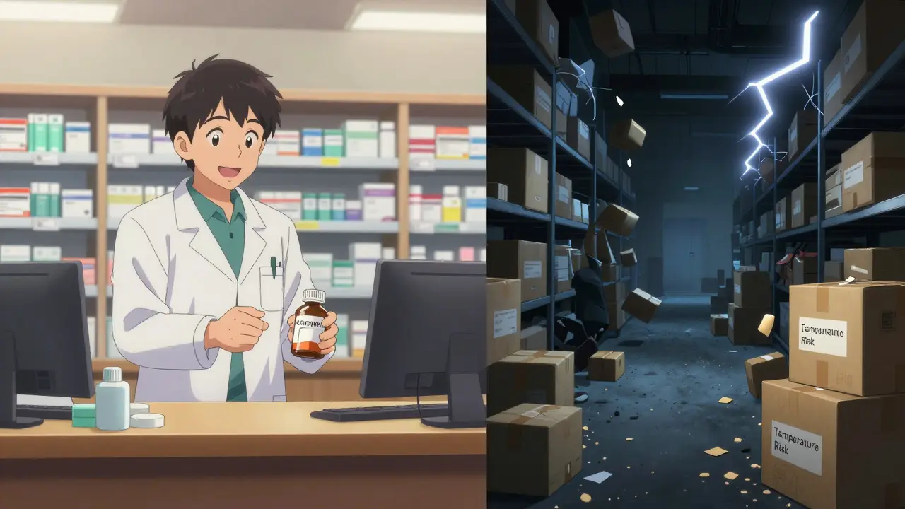 A Canadian pharmacy staff member handing a safe medication bottle while shadowy chaotic packages labeled 'Counterfeit' loom behind.