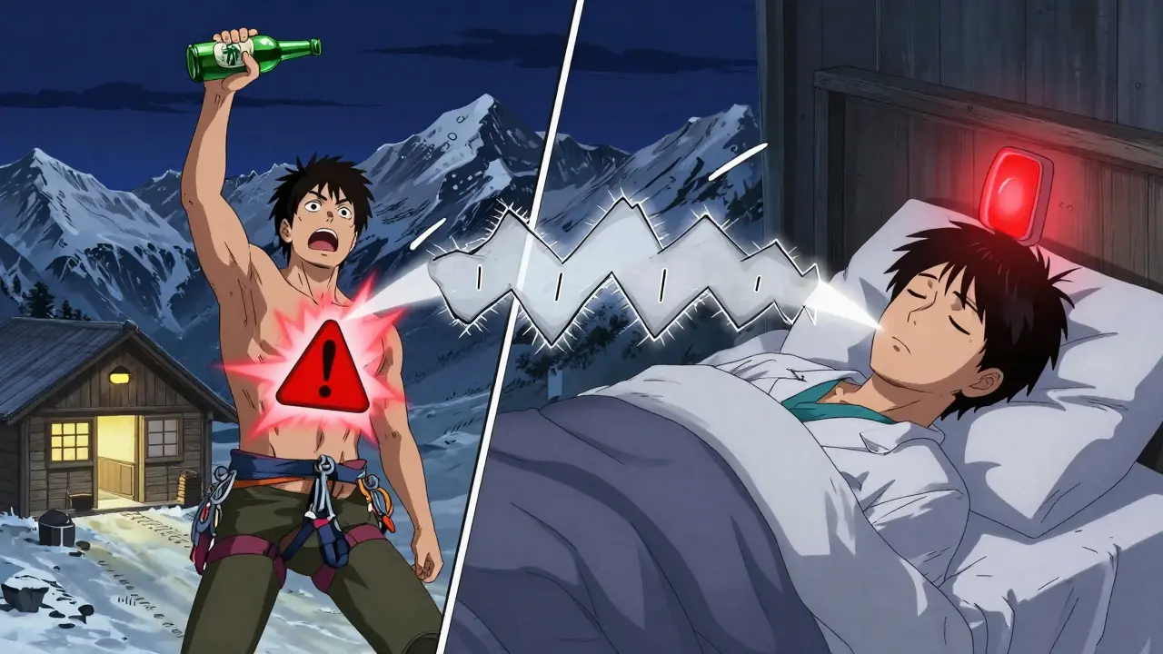 A climber drinking alcohol at a mountain lodge, with visual warnings of disrupted breathing and a flashing alarm above their head.