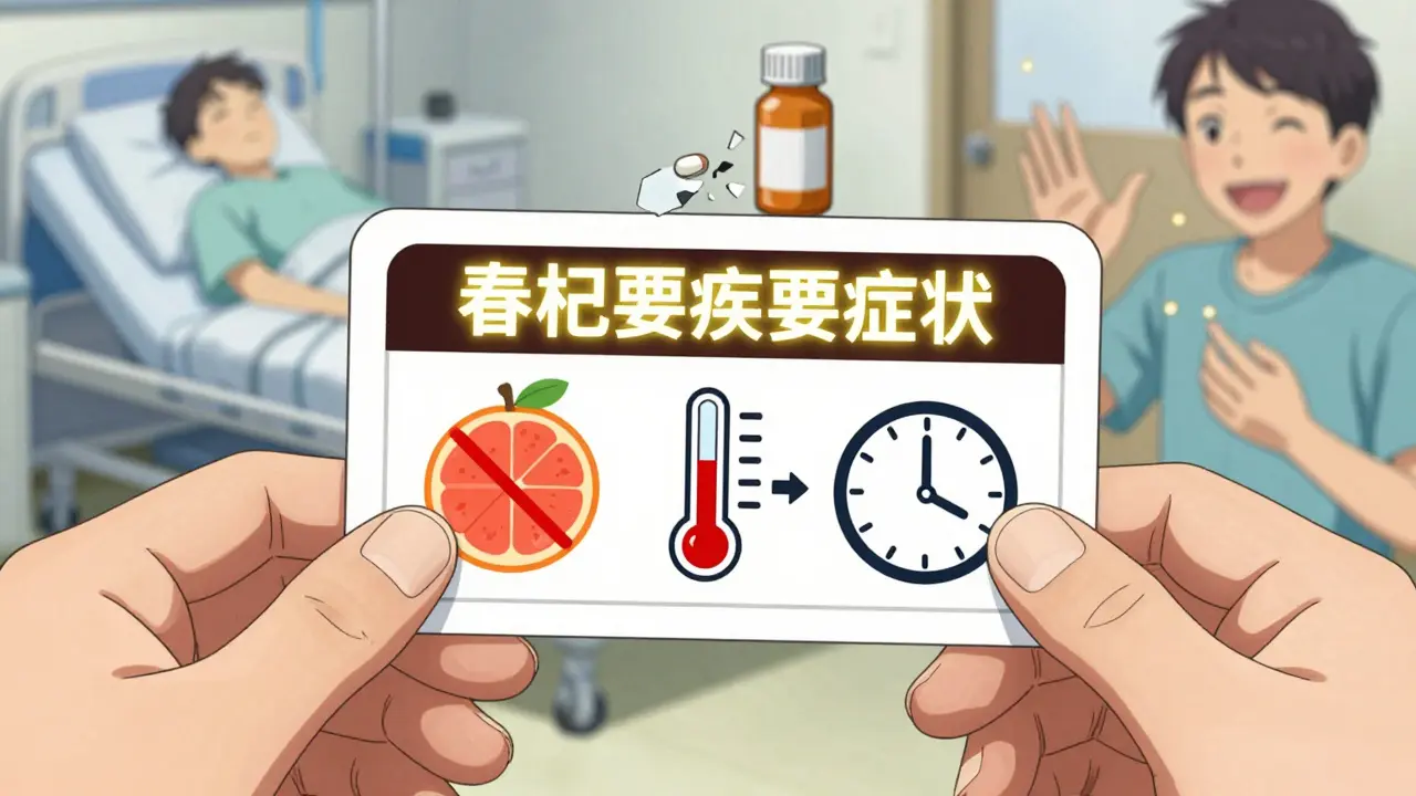 A close-up of a prescription label with glowing warnings for storage, food interactions, and timing.