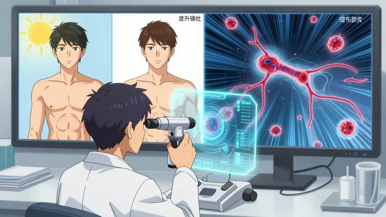 A dermatologist using AI hologram technology to analyze a mole in a high-tech clinic.