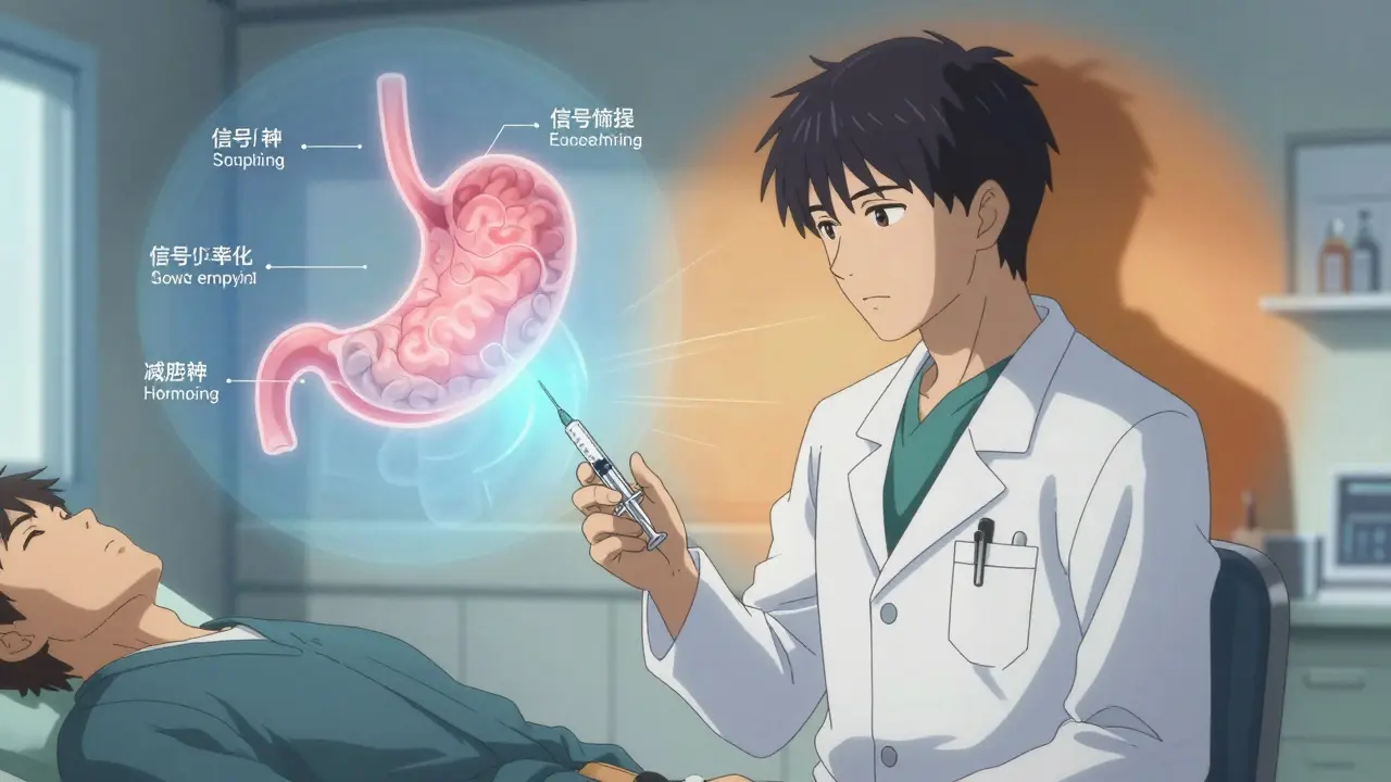 A doctor administers a GLP-1 injection while biological effects glow around them in a clinic setting.