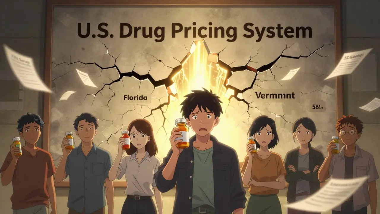 A group of Americans facing a cracked wall labeled 'U.S. Drug Pricing System,' with golden light revealing state importation programs.