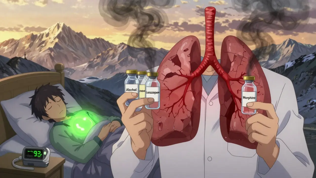 A medical specialist holding dangerous sedatives that form choking smoke, while melatonin glows safely beside a sleeping climber under mountain dawn.