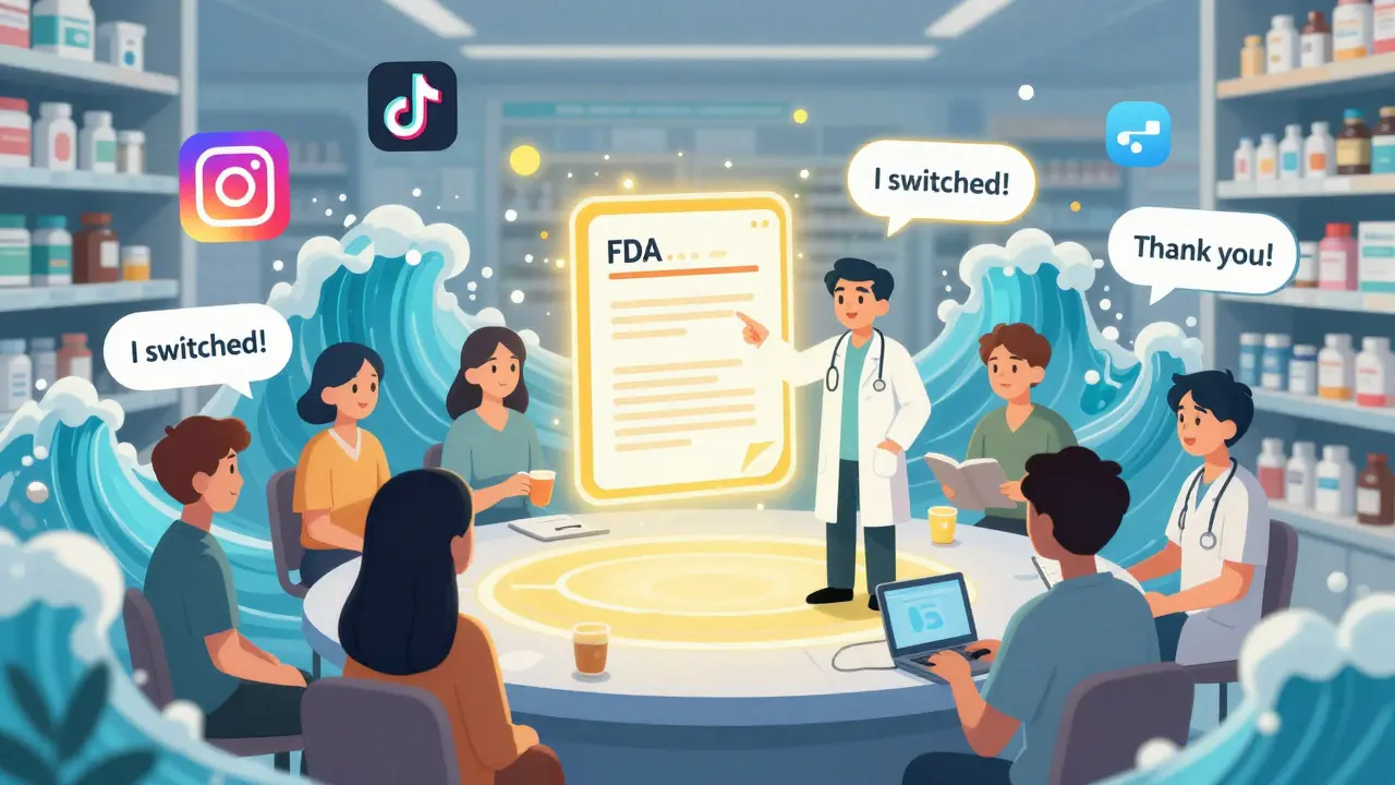 A pharmacist and patients interacting with animated social media posts about generic drugs.