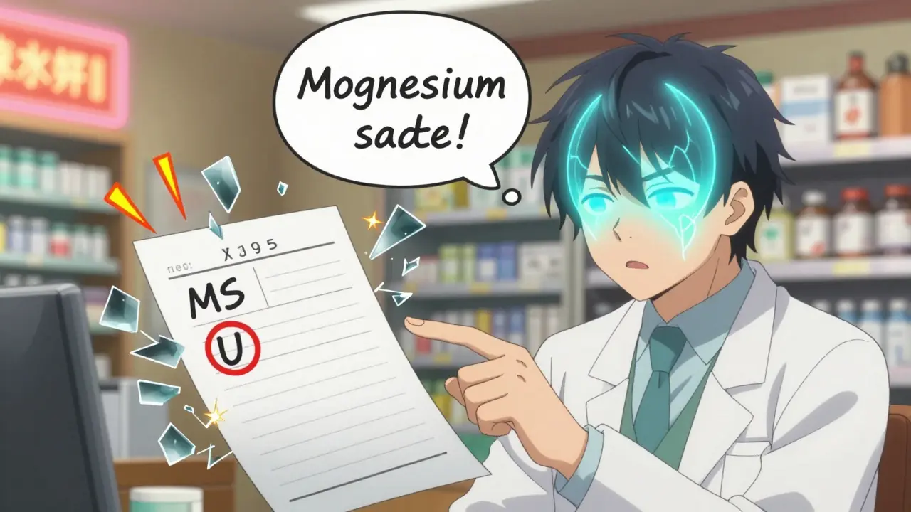 A pharmacist points at a dangerous prescription abbreviation as spectral images of two medications clash nearby.