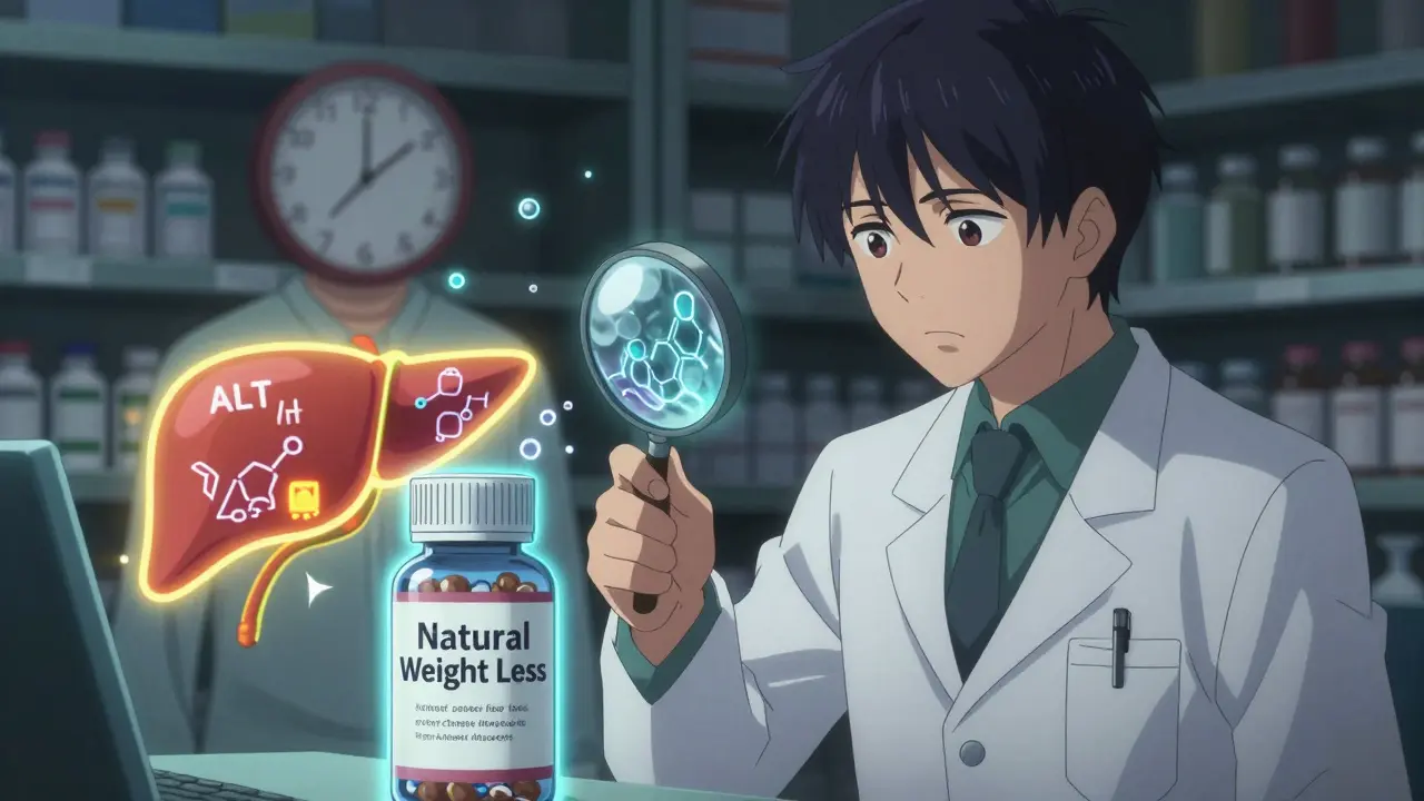 A pharmacist revealing hidden toxins inside a herbal supplement bottle with bio-data particles.