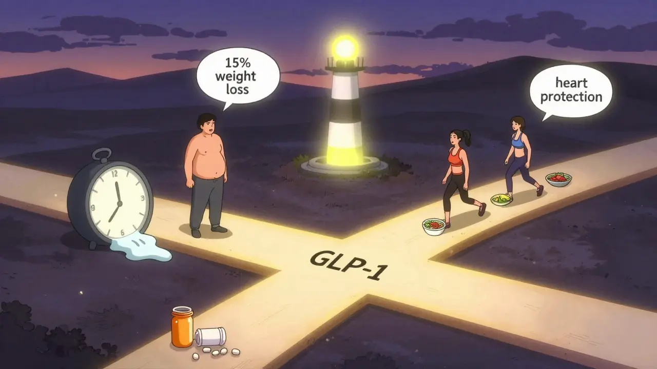 A symbolic crossroads shows weight regain versus sustained health, with a glowing GLP-1 molecule as a guiding light.