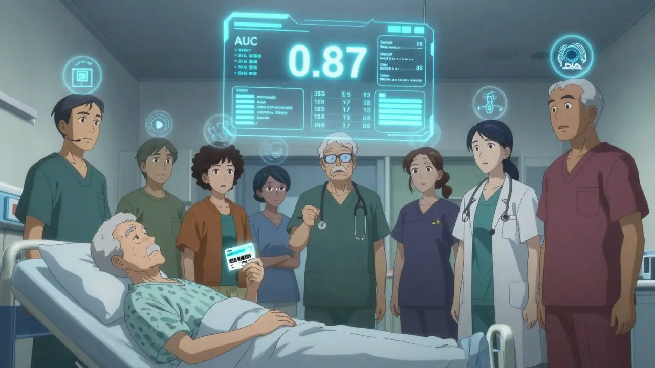 AI risk score interface floating above hospital bed, showing 87 clinical variables glowing, diverse patients with health icons above them.