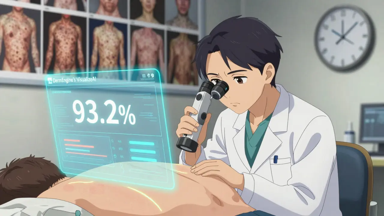 Dermatologist using a dermoscope on a patient while an AI diagnostic interface displays accuracy data, with body photos on the wall in the background.
