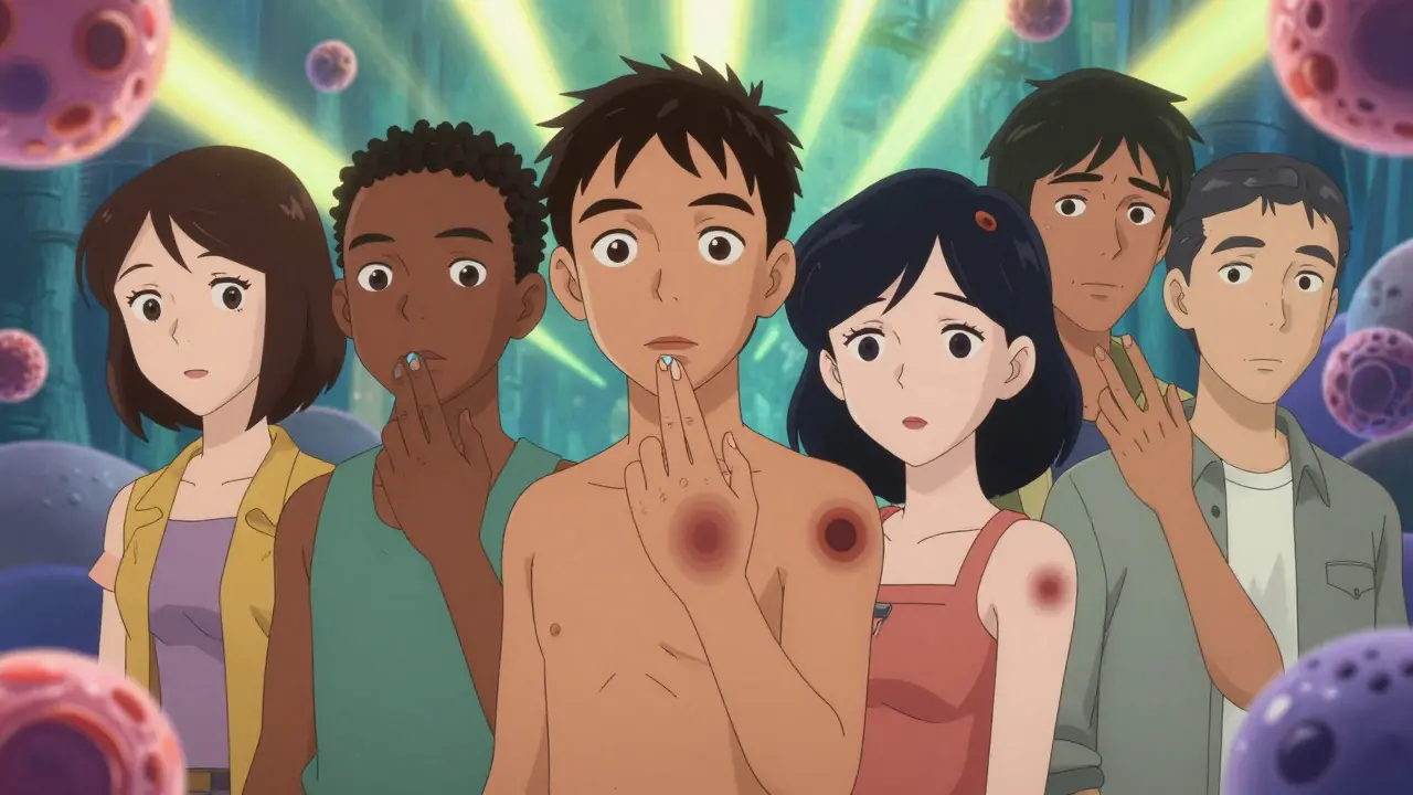 Diverse individuals spotting melanoma in unusual places: under nails, on feet, and on the scalp.