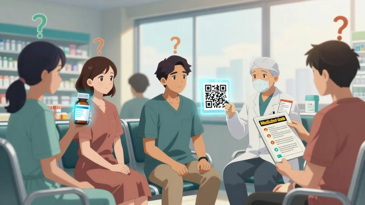 Diverse patients in a pharmacy with personalized safety questions and accessible label formats like large print and QR codes.
