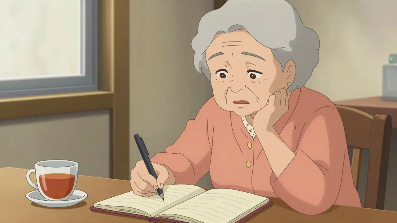 Elderly woman writing in a blank notebook at a desk with tea.