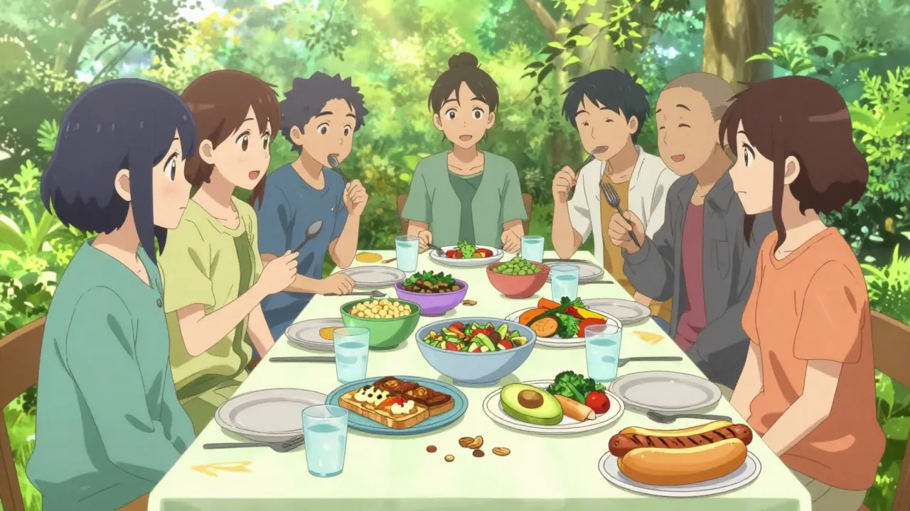 Friends enjoying a colorful plant-forward picnic with veggies, lentils, and nuts, while a hot dog sits aside.