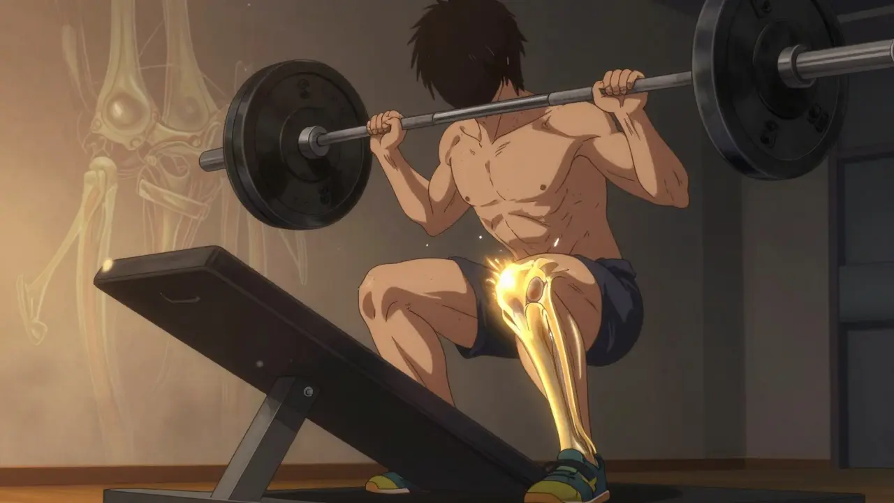 Person doing decline squat with glowing patellar tendon, barbell in hand.