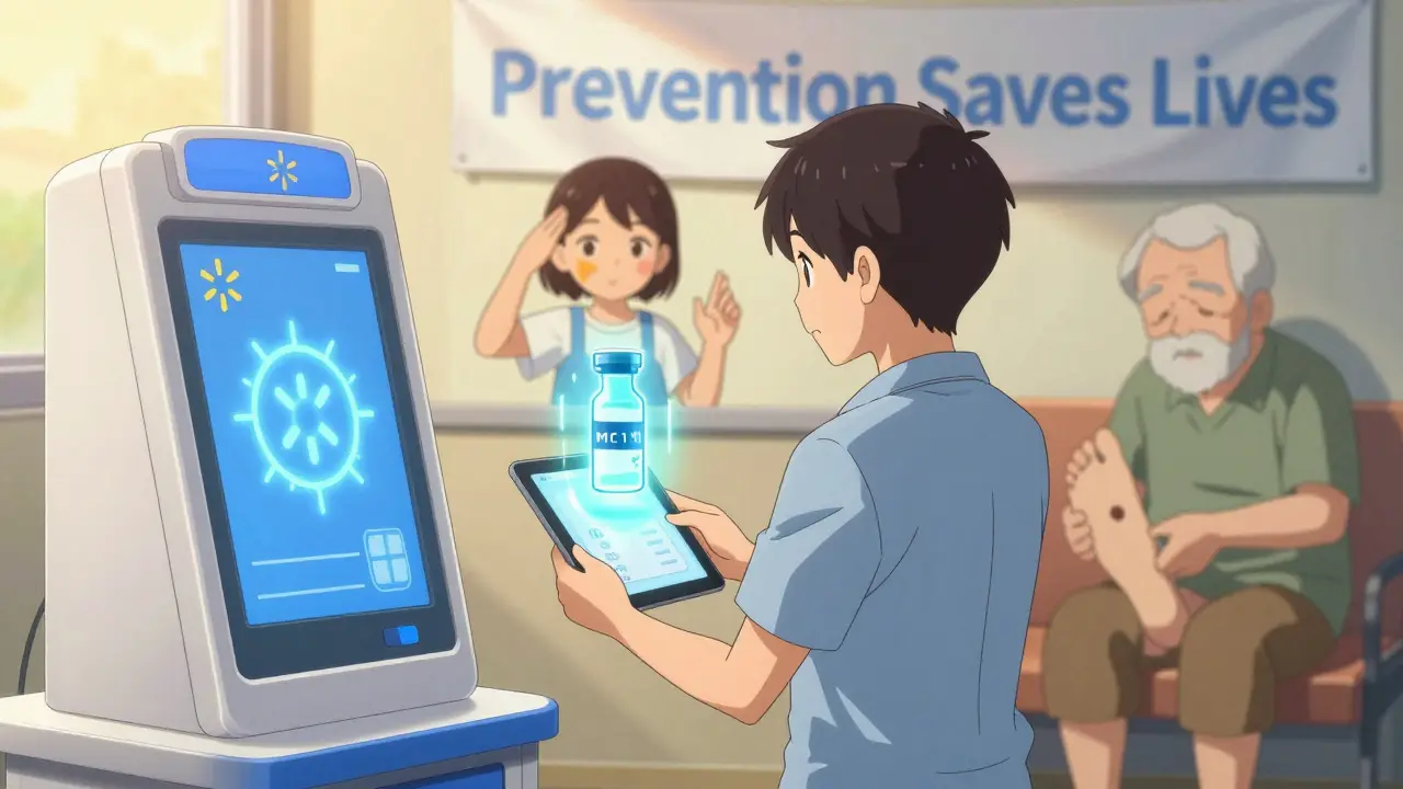 Person using a teledermatology kiosk at Walmart, with a glowing vaccine symbol nearby, as others practice sun safety in the background.