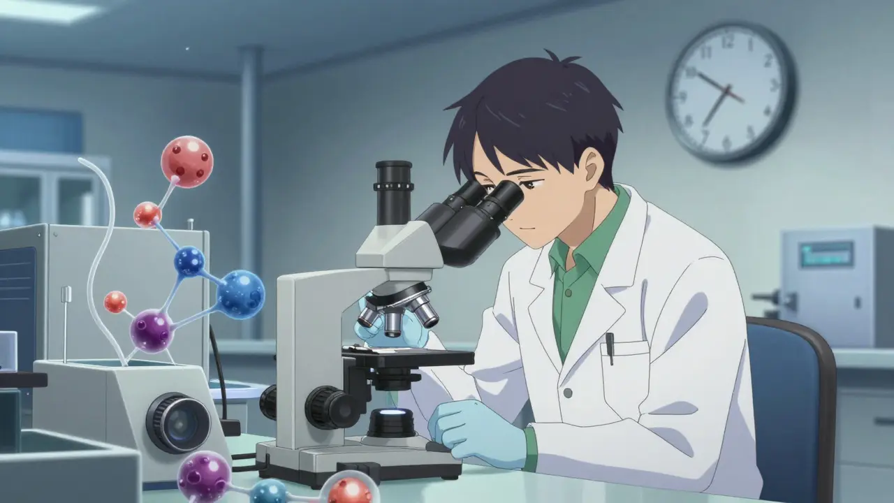 Scientist developing biosimilar in lab with slow clock