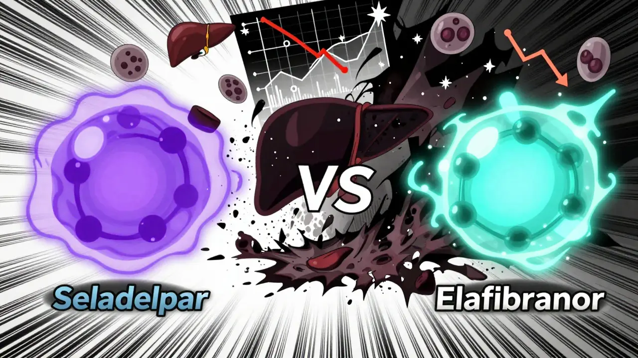 Seladelpar and Elafibranor molecules defeating Ocaliva shadow in a battle of glowing liver cells and falling ALP graphs.