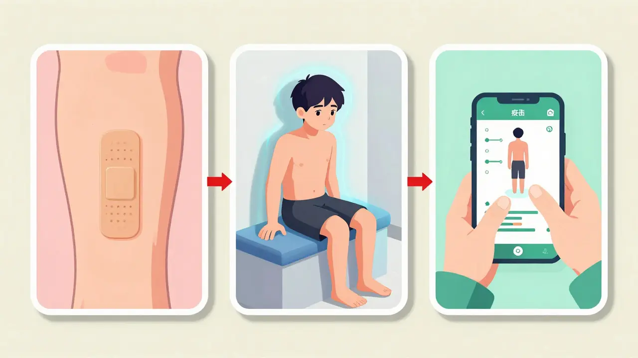 Three treatment methods shown: injection, isometric hold, and app-assisted therapy.