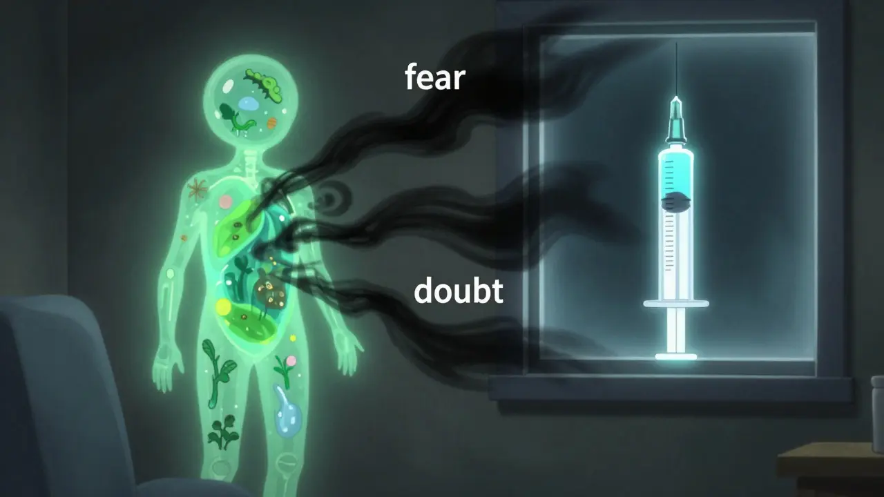 A patient's internal view showing a stable body ecosystem disrupted by shadows labeled 'fear' and 'doubt', while a biosimilar syringe glows steadily.
