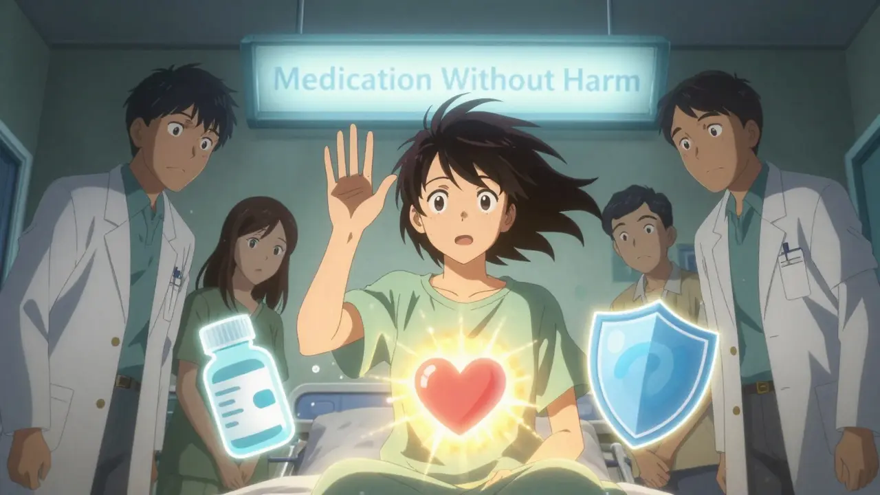 A patient confidently speaks up during hospital discharge with safety icons floating around.