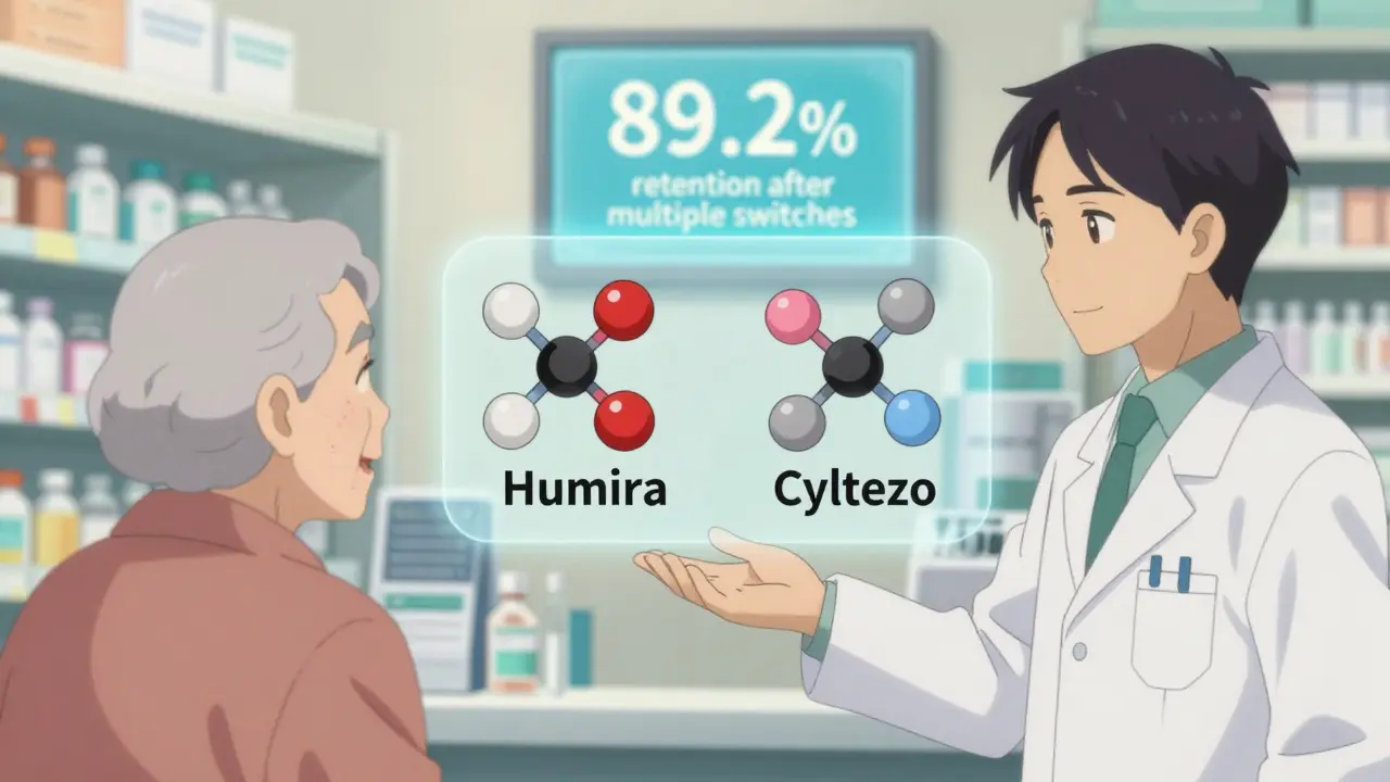 A pharmacist handing a biosimilar medication to an elderly patient, with transparent molecular comparison overlay and retention statistics in the background.