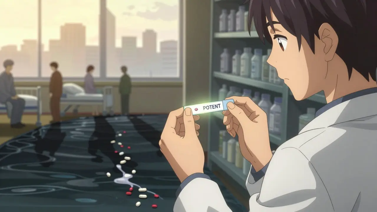 A pharmacist tests an antibiotic with a glowing strip, while discarded pills flow into a dark river.