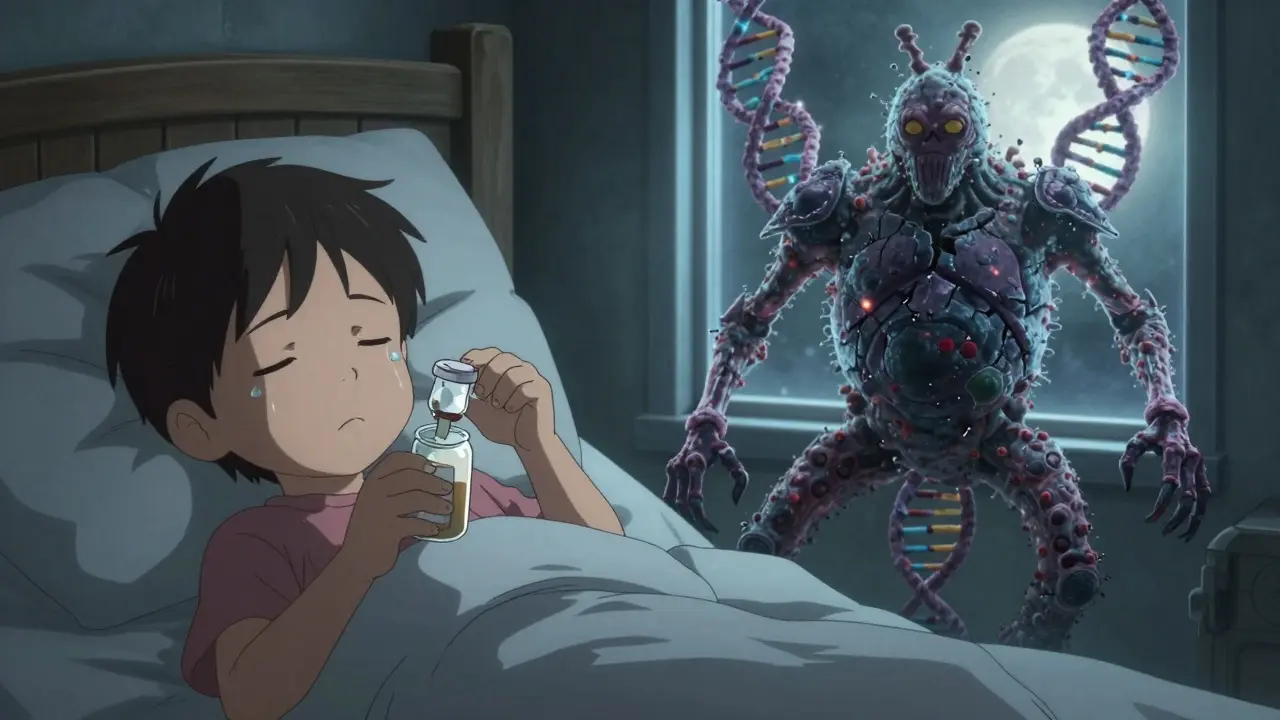 A sick child with expired liquid antibiotic faces a monstrous bacterial creature symbolizing resistance.