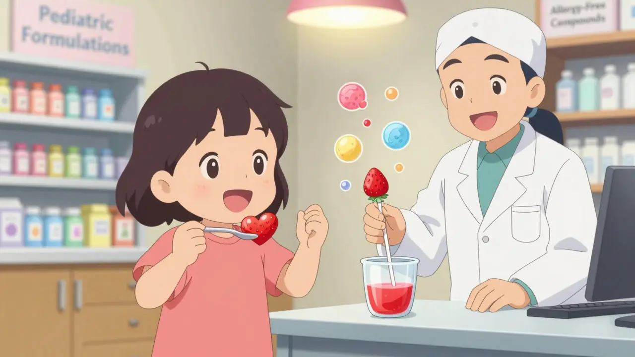 Child taking flavored liquid medicine from a heart-shaped spoon at a compounding pharmacy.